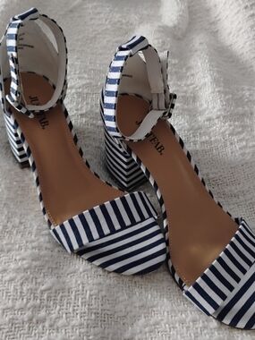 JustFab Navy & White Striped Block Heel Sandals